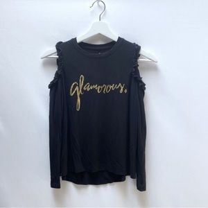 Kate Spade Girls Top Size 10 Black Gold “Glamorous” Cold Shoulder Ruffle Tee